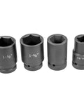Four CR-V sockets from Beefed Up Heavy Duty Torque Multiplier Lug Nut Wrench Set for Semi Trucks and RVs shown on display