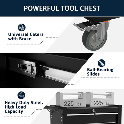 Heavy Duty 5 Drawer Metal Rolling Tool Chest With Wheels, Locking Storage Cabinet For Garage, Workshop, And Warehouse, Alloy Steel Construction Pro Grade With Powder Coated Finish, Mobile Toolbox with locking caster, ball-bearing slides, and 225 lb drawers