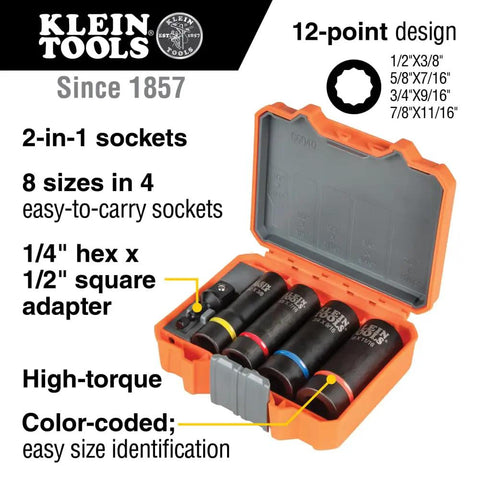 Open case showing 2 In 1 Impact Socket Set With One Half Inch Drive, 5 Piece Deep Twelve Point Sockets In Dual Sizes For Quick Swaps
