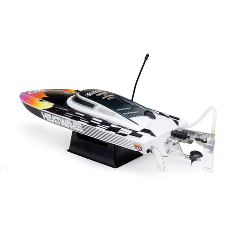 Recoil 2 18 Inch Brushless Heatwave RC Boat Ready To Roll With Spektrum Smart LiPo Battery And Charger Included displayed on stand