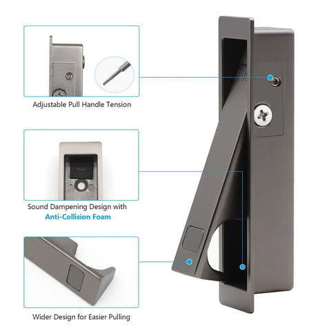 Pocket Door Handle Recessed Press Flush Finger Edge Pull Gun Gray Finish, Low Profile Door Access, Smooth One Hand Operation, Auto Rebound Pop Out Edge Pull, Solid One Piece Construction, 1 Pack shown in angled view
