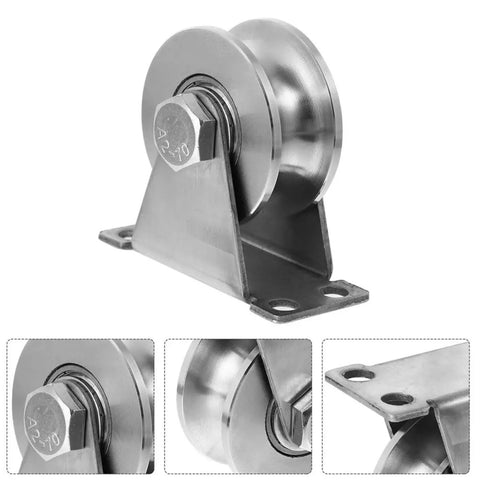 Stainless Steel Sliding Door Pulleys With Double Bearing And Heavy Duty Triangular Bracket Window Rollers Built Tough For Real Smooth Operation On Any Home Setup, showing detailed pulley and bracket.