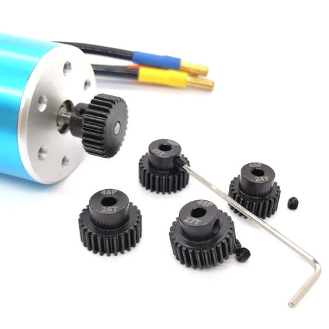MakerDoIt 48P Pinion Gear Set 3.175mm 24T 25T 26T 27T 28T for RC cars, hardened steel gears with hex key and screws visible