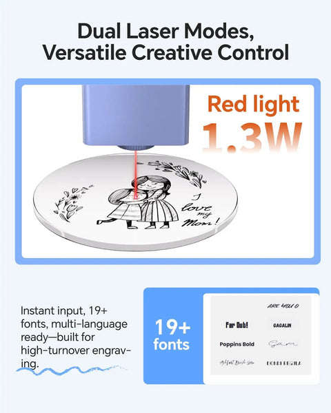 Foldable Class 1 Laser Engraver With 1000mW 1064nm Infrared Laser Module displaying dual laser modes and creative control features