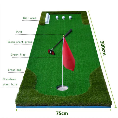 Indoor Golf Putt Practice Mat Set With Automatic Ball Returner Realistic 4cm Artificial Turf For Home Use 75cm by 300cm