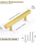30 Pack Brushed Brass Cabinet Handles 3 Inch Modern Square Drawer Pulls For Cabinets With Dimensions and Screws Display