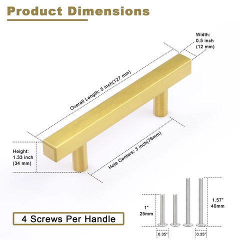 30 Pack Brushed Brass Cabinet Handles 3 Inch Modern Square Drawer Pulls For Cabinets With Dimensions and Screws Display