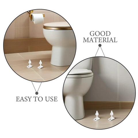 Close-up of 10 Piece Toilet Seat Bolt Kit with plastic screws and washers next to a toilet for universal toilet lid fit.