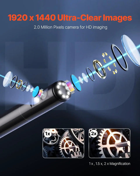 Dual Lens Endoscope Camera With Light For Android And iOS 1920P HD Borescope With 8 And 1 LED Lights 2x Zoom 16.4ft Snake Cable IP67 Waterproof Inspection Camera For Auto And Plumbing, lens detail