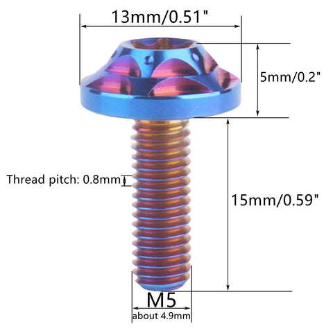 Premium Grade 5 Titanium T30 Torx Bolts For Bicycle And Motorcycle M5 X 15mm with dimensions and burnt blue finish