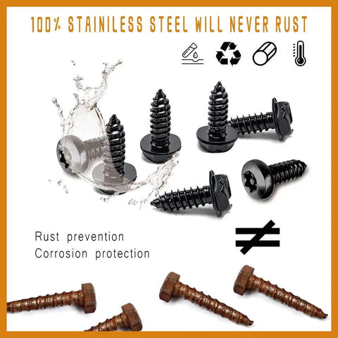 Black Heavy Duty Anti Theft License Plate Screws Kit Set For Car Tag Mounting, Rustproof Stainless Steel M6 screws with washers
