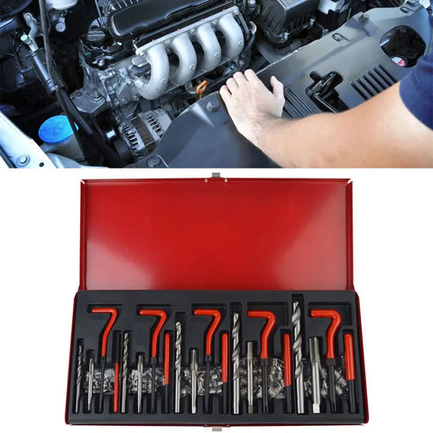 Pro Grade 131 Piece Metric Thread Repair Kit With HSS Drill Bits Taps Threaded Wire Inserts And Break Off Tool Set For Auto Engine Repairs Durable Heavy Duty Steel Construction For Long Lasting Performance, red case open with tools