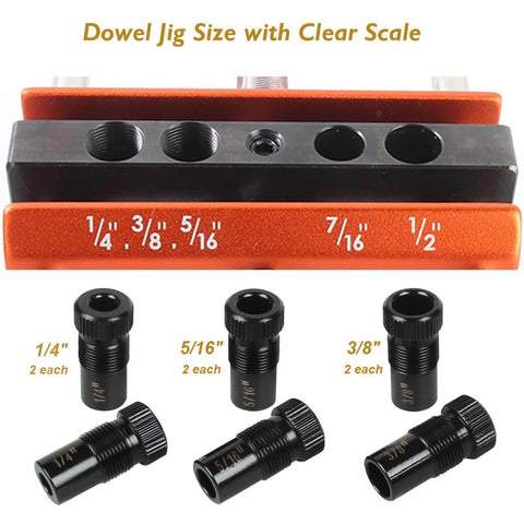 Patented Self Centering Dowel Jig Kit For Woodworking, Pro Grade Drilling Guide With 1/4, 5/16, 3/8, 7/16 And 1/2 Inch Bushings