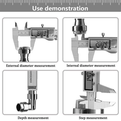 Stainless Steel Digital Caliper With Large LCD Screen, 6 Inch Vernier showing internal, external, depth, and step measurements