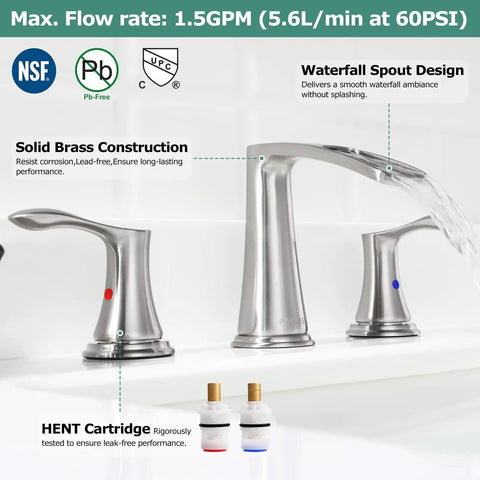 Waterfall Widespread Bathroom Faucet With Two Handles Matte Black Finish, Metal Pop Up Drain And Faucet Supply Lines, cUPC Certified, Demeter 1431804 No Brainer Setup showcasing stainless steel design and HENT cartridges.