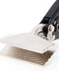 Close-up view of heavy duty hand seamer with straight jaw duckbill pliers for sheet metal work, 18 to 30 gauge compatibility, ergonomic PVC grip.