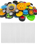 56 Piece Toy Wheel Set With Shafts For DIY Model Cars Trucks And Robots, plastic rubber wheels, metal shafts displayed