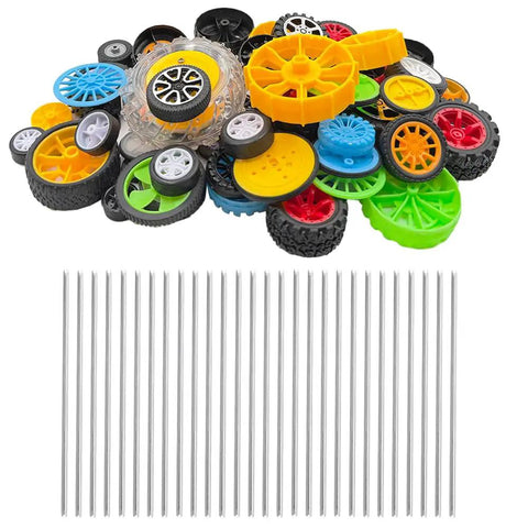 56 Piece Toy Wheel Set With Shafts For DIY Model Cars Trucks And Robots, plastic rubber wheels, metal shafts displayed