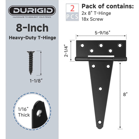 Heavy Duty 8 Inch T Hinges 2 Pack For Wood Gates Sheds Barn Doors Built Tough Outdoor Fence Hardware Corrosion Resistant Black Powder Coat Hinges For Gate And Door Exterior Use, black