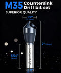Top Notch M35 High Speed Steel Countersink Bits 1/2 Inch Shank 90 Degree Chamfer Drill Set With TiAIN Coating showing dimensions and quality.