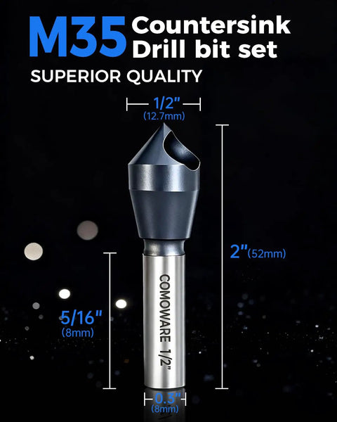 Top Notch M35 High Speed Steel Countersink Bits 1/2 Inch Shank 90 Degree Chamfer Drill Set With TiAIN Coating showing dimensions and quality.