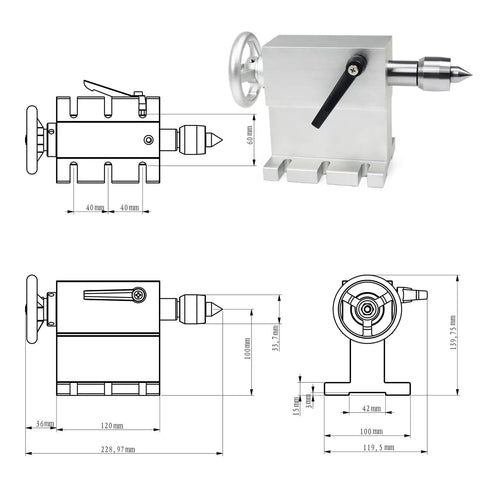 Heavy Duty CNC Fourth Axis Rotation Kit With 130Mm Three Jaw Chuck And Tailstock, detailed dimensions and design view.