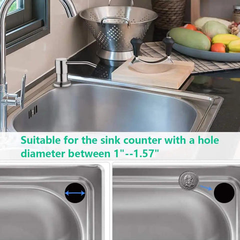 Brushed Nickel Built In Kitchen Soap Dispenser With 47 Inch Extension Tube Kit And Long Thread Shaft installed on sink