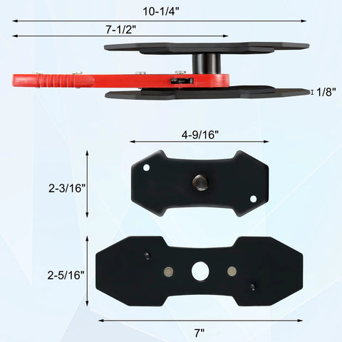 JoyFans brake caliper compression tool set, side view showing red handle and 4 spreader plates with black brackets