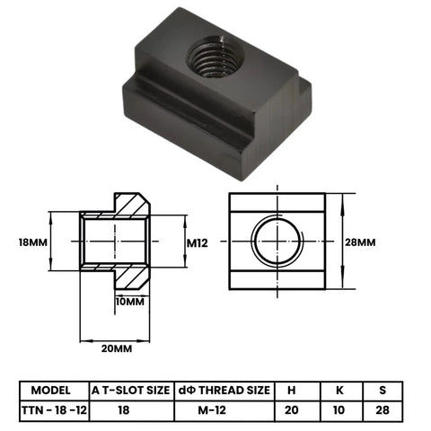 M12 Thread T Slot Nut For 18mm Table Slot Tracks Black Oxide Finish Beefy Heavy Duty T Slot Mounting Nut For Clamping Fixtures And M12 Bolts Compatible CNC DIY Workshop Setups Set Of 4 shown with dimensions