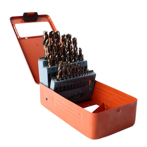 Heavy Duty 25Pc Twist Drill Bit Kit With Cobalt HSS Made For Cutting Through Stainless Steel Iron Fast Quick Chip Removal Bits in orange case