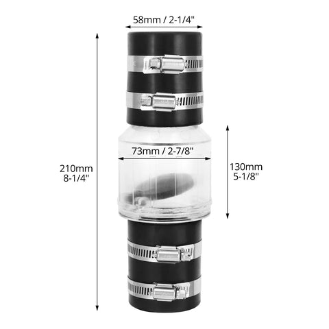 QWORK CV-150 1-1/2 in spring-loaded check valve with clear body, Buna-N couplings, steel clamps
