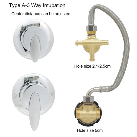 3/4/5 Way Brass Shower Panel Mixer Faucet Hot & Cold Water Control Valve showing adjustable Type A-3 Way Intubation with brass components.