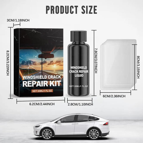 Windshield Crack Repair Kit For Cars Upgraded 2026 Quick Fix Glass Repair Fluid Kit with vector graphics and dimensions