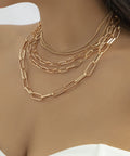 Layered Five Layer Gold Plated And Silver Tone Paperclip Chain Necklace Set For Women 18 Inch With Extension Rope And Ball Chains Punk Style Dope Choker Jewelry, shown on neck