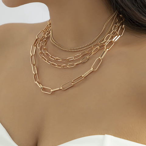 Layered Five Layer Gold Plated And Silver Tone Paperclip Chain Necklace Set For Women 18 Inch With Extension Rope And Ball Chains Punk Style Dope Choker Jewelry, shown on neck
