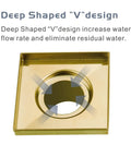 Brushed Gold Square Shower Drain With Flange 4x4 Inch Stainless Steel 304 Drain With Brass Gold Finish showing deep V design