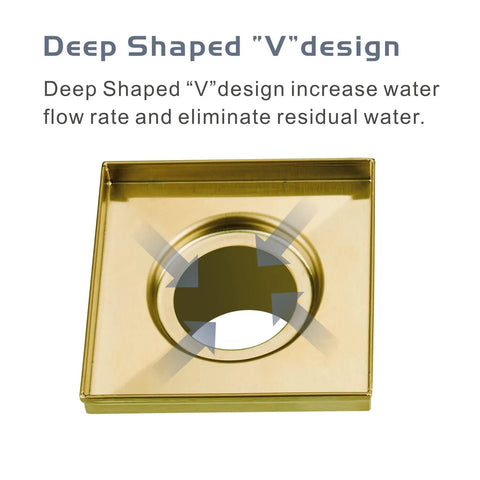Brushed Gold Square Shower Drain With Flange 4x4 Inch Stainless Steel 304 Drain With Brass Gold Finish showing deep V design