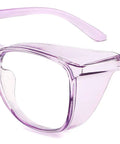 Slick Anti Fog Safety Goggles With Clear Polycarbonate Lenses And Blue Light Blocking Coating That Shields Your Vision From Digital Strain Without The Hassle For Men And Women In Sleek Transparent Purple, side view.