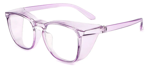 Slick Anti Fog Safety Goggles With Clear Polycarbonate Lenses And Blue Light Blocking Coating That Shields Your Vision From Digital Strain Without The Hassle For Men And Women In Sleek Transparent Purple, side view.