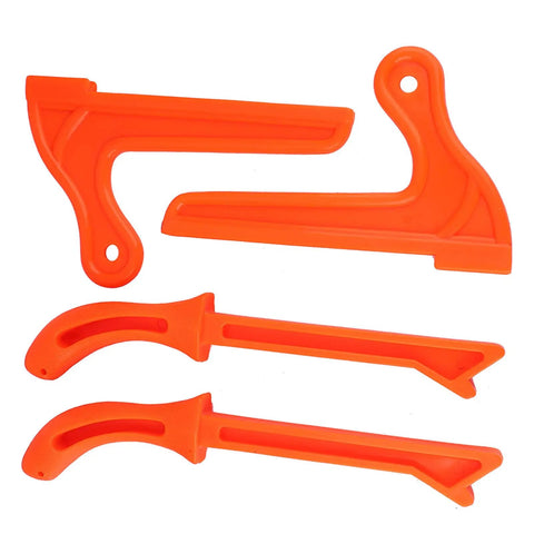Bright orange ergonomic table saw push sticks in various shapes for safety in carpentry, woodworking, and preventing blade contact.