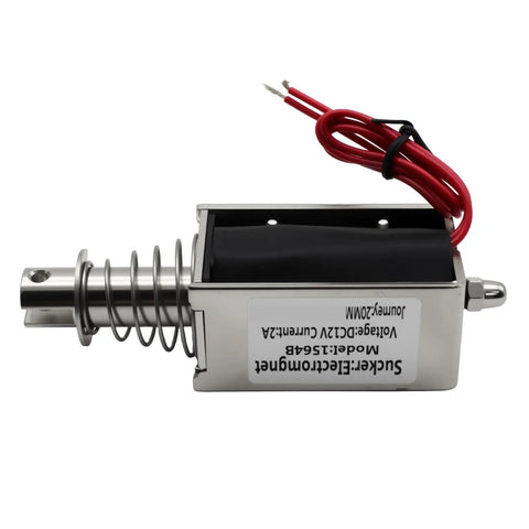Heavy Duty DC12V Push Pull Solenoid Actuator With 20mm Stroke Length featuring a metal body and coil springs, ideal for home appliances.
