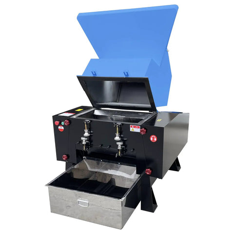 Industrial Grade Plastic Shredder And Grinder Crusher with open lid, heavy duty pulverizer, showing inner blades and metal drawer