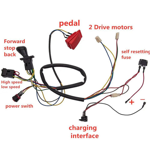 Kids Electric Car DIY Wiring Kit With Switches For Custom Ride On Toys shown with pedal, switches, and wiring components.