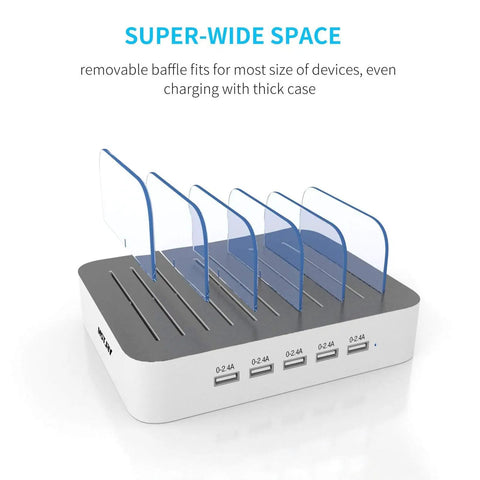 White five-port USB-A charging station with removable baffles for organizing multiple devices, keeps desk neat.
