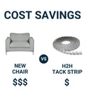 Front view of a grey upholstered chair and a rolled metal tack strip (2 items)
