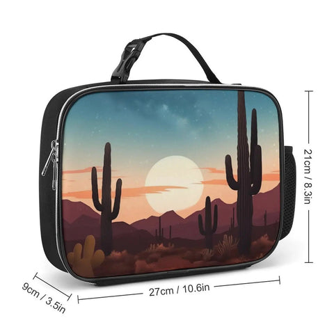 Insulated Desert With Cactus Lunch Box With Leakproof Design Reusable Lunch Tote Bag depicted with sunset and cacti