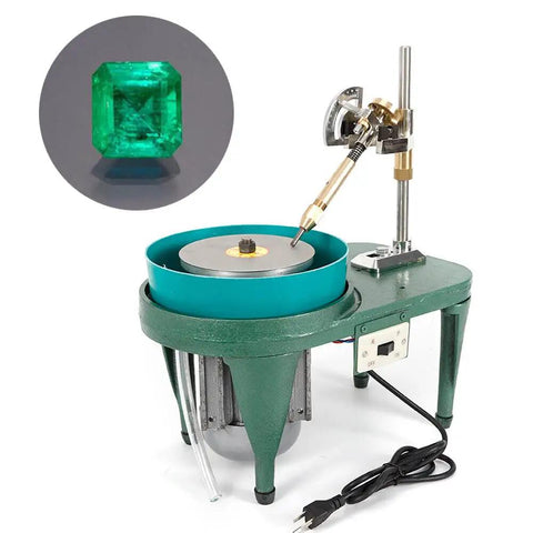 Faceting And Polishing Gem Cutter Pro Grade Workhorse For Jewelry Making with emerald gem and 6 inch disc visible