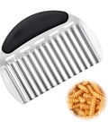 Stainless steel potato crinkle cutter with black ergonomic handle; large wavy slicer (front-angle view)