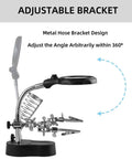 Soldering Station Magnifier with 3.5X and 12X glass, adjustable LED light, bracket, clips, and clamp for precision work.