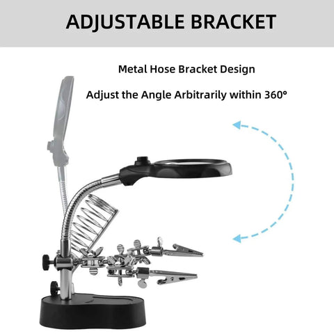 Soldering Station Magnifier with 3.5X and 12X glass, adjustable LED light, bracket, clips, and clamp for precision work.